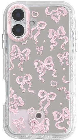 NITITOP Compatible with iPhone 16 Case Cute Mirror Bow Love Heart Pattern for Women Girls Ribbon Design Shockproof Silver Protective Phone Cover - Light Pink Bow