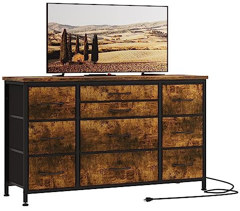 Baloveby Kommode Mit Schubladen, Sideboard Mit 10 Stoffschubladen & 3 Steckdose, Komodenschrank Wohnzimmer, Sideboard Flur, Aufbewahrungseinheit Mit Stoff, Stabiler Metallrahmen, Holztischplatte