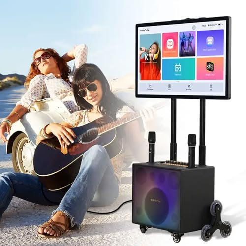Máquina De Karaoke Profesional, Sistema De Altavoces Pa De Karaoke Bluetooth Portátil Con Tableta Táctil De 32, 2 Micrófonos Inalámbricos, Altavoz Led De Color Plegable Para Exteriores, Campamentos,