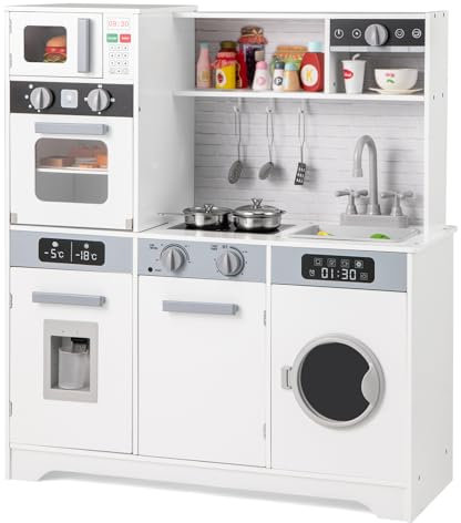 GOPLUS Cuisine Enfant, Jouet de Cuisine en Bois avec Effect Sons et Lumières, Robinet Rotatif, Micro-Ondes, Cafetière, Machine à Laver, Ustensiles, Rangement Inclus, Cadeau pour Enfant 3+ Ans