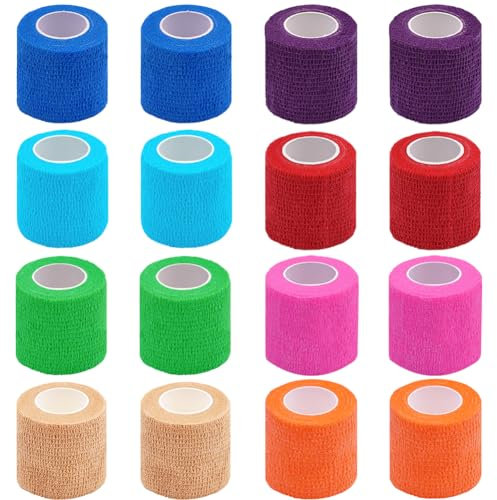 Clooflar 16 Rouleaux Bandage Autoadhésif Cohésifs Bande Cohesive pour Les Humains Et Les Animaux, Strap Sport pour Poignets Cheville Mains Pieds