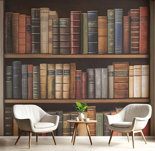 CECE&COLE Retro Bookshelf Wallpaper 3D Embossed Wallpaper, 300×210 CM (W×H) Library Feature Wallpaper for Bedroom Adults Teenager Living Room Lounge Hallway Hall