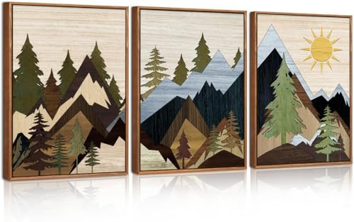 HPNIUB Bergkiefern-Wandkunst Set im Rahmen, Natur-Wildnis Illustration Wanddekoration, Holzschnitt Waldgemälde, Mid-Century Modern Kunstdruck für Wohnzimmer Schlafzimmer Büro 30x40cm