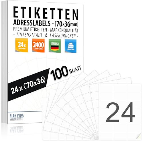 Selbstklebende 70x36 mm, 2400 Stück Labels Adressetiketten / 100 Blatt (24 pro DIN A4 Bogen), bedruckbar mit Inkjet- und Laserdrucker Aufkleber, Drucker Etiketten - MADE IN GERMANY