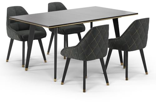Vicco Esstisch Set Goldamo, Küchentisch, Schwarz, 200 x 90 cm mit 4 Stühlen