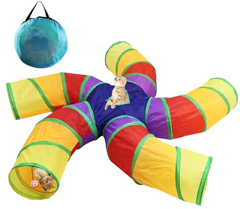 Homtone Katzentunnel 5-Wege, Katzenspielzeug Katzentunnel Faltbar | Katze Tunnel für Innen und Außenbereich, Groß Polyester Pet Play Tunnel Tube für Katze, Welpen, Kaninchen (Regenbogen)