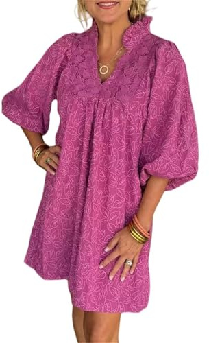 Mini robe jacquard à manches bouffantes pour femmes, robe d'été 2025 en jacquard à col en V et feuilles bouffantes, robe de plage décontractée et ample, rose rouge, M