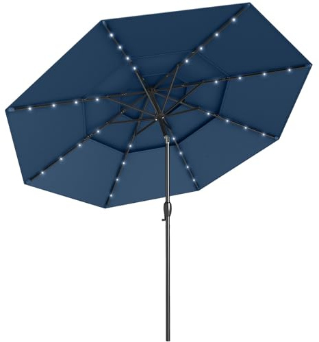 GOPLUS Sonnenschirm 300 cm mit LED Beleuchtung, Terrassenschirm mit Kurbel, stabiler Gartenschirm beidseitig um 35° knickbar, Marktschirm mit 3-stufiges Dach, für Garten, Terrasse & Balkon, Marineblau
