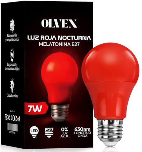 OLVEX Luz Roja Nocturna Melatonina E27 - Bombillas Led E27 Luz Calida - Bombilla Led para Dormir - Tecnología Flicker Free + 0% Luz Azul - Mejora del Ritmo de Descanso e Ideal para Leer.