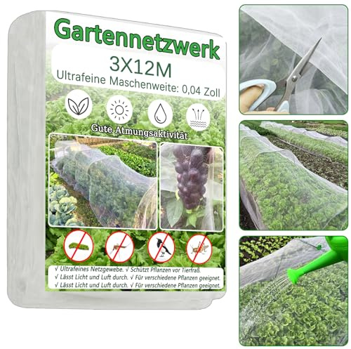 3X12M Insektenschutznetz Feinmaschiges Gartenbaunetz,Geeignet zum Abdecken von Gemüse,Pflanzen Blumen Früchten Feldfrüchten Gewächshäusern,Reihenkulturen und Erhöhten Saatbeeten