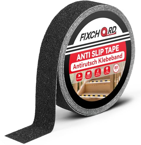 FIXCHORD Bande Antidérapante adhésive, 5mx25mm Ruban antidérapant, intérieur/extérieur, Bande Antidérapante Escalier pour nez de marche, imperméable, haute traction, grain 80, noir