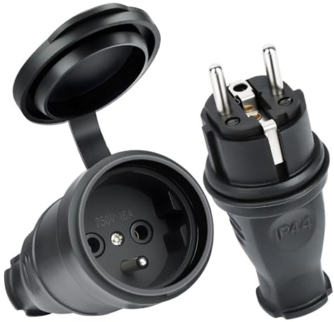 AXFEE 2 PCS Paires de Fiches Schuko, Kit Schuko Fiche + Prise Femelle | Étanche IP44, 250V 16A Fiche Électrique en Caoutchouc Broche, Fiche D'alimentation de Contact de Protection