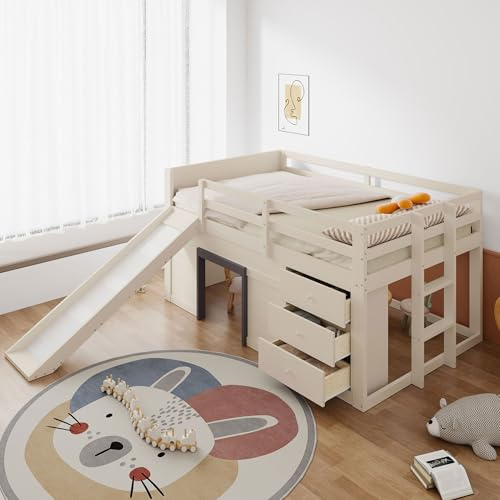 NuvlaGu Niedriges Hochbett 140x200 cm mit Rutsche, DREI Schubladen und Zwei Türen, Creme, MDF und Kiefer, 213x145x107 cm