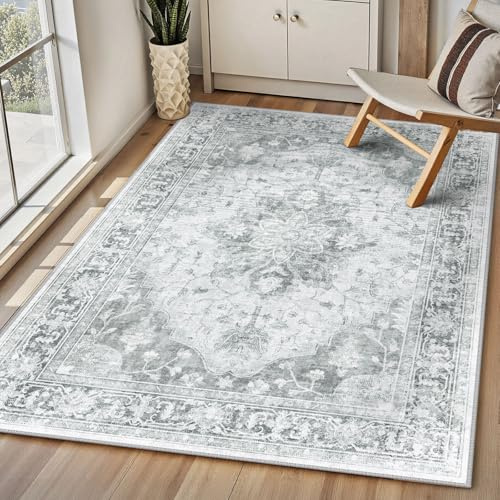 INOVADAY Teppich Wohnzimmer Waschbar 90x150 cm Retro Hellgrau | Teppich Schlafzimmer, Vintage Teppich Waschbar, Esszimmer, Büro, Kurzflor Rutschfest, Boho, Retro, Weich, OEKO, Gedruckte
