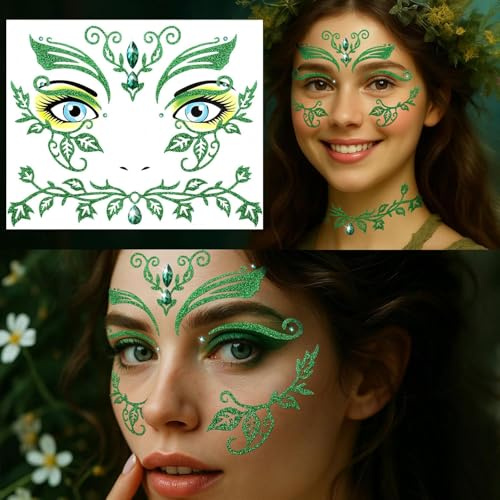 VelvetGlow Face Gems Stickers Women for Ivy Costume - Glitter Green Face Jewels Stickers Tattoos for Carnival Vampire Fairy Makeup - Eye Gems Stick on Temporary Accessories （1 Piece）
