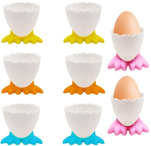 Eierbecher Plastik Set: 8 Stück Eierbecher in lebendigen Farben Gelb, Orange, Grün und Pink; Jede Farbe mit 2 Stück für vielseitige Frühstückszubereitung; Robuste Kunststoffkonstruktion sorgt für Lang