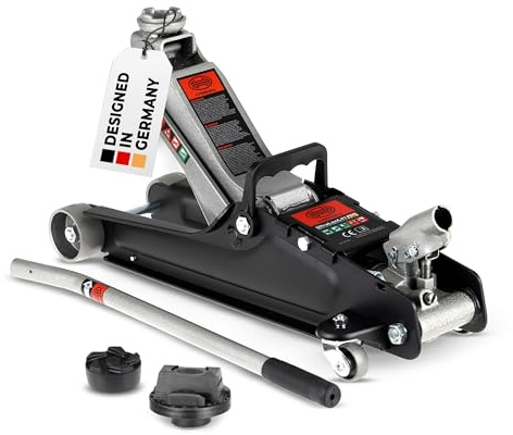 HEYNER® Hydraulik‑Rangierwagenheber Set 2,25 t – extra flach (85–380 mm), 2 Schwenkräder, Ø 45 mm Gummiteller, inkl. Gummiauflage für Mercedes, leicht rangierbar, pulverbeschichteter Stahl