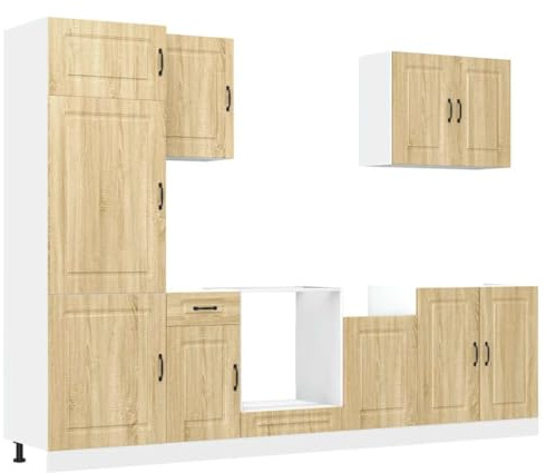 Yisssmeng 7-TLG. Küchenschrank-Set Kalmar, Küchenzeile in Sonoma-Eiche Optik, Küchenmöbel-Set aus Holzwerkstoff, Küchenblock inklusive Hängeschränken, Spülen- und Ofenschrank
