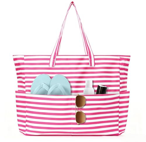 flintronic Borsa Mare Grande per Donna, Borsa Tote Da Viaggio con Cerniera, Impermeabile Pieghevole Borse da Spiaggia, Borse a Tracolla Multitasche, per Beach, Viaggio, Piscina, Shopping (Rosso Rosa)