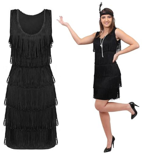 Black Deluxe Flapper Dress - X-Large - Ladies Deluxe Black Flapper Costume with Matching Sequin Headband and Silver Pearl Necklace - 1920's Party Dress