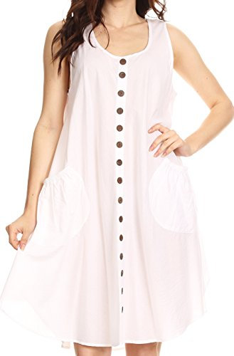 Sakkas 4303 - Lina Mid Länge beiläufiges Sommer-Zelt-Schwingen-ärmelloses Kleid mit Taschen - Weiß - OS