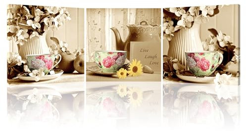 Piy Painting 3 x elegante Kaffeetasse, Blumenmotiv, Gemälde in der Vase, Bilder, Heimdekoration, wasserdicht, fertig zum Aufhängen, Wandkunst, für Schlafzimmer, Küche, Badezimmer, Geschenk,