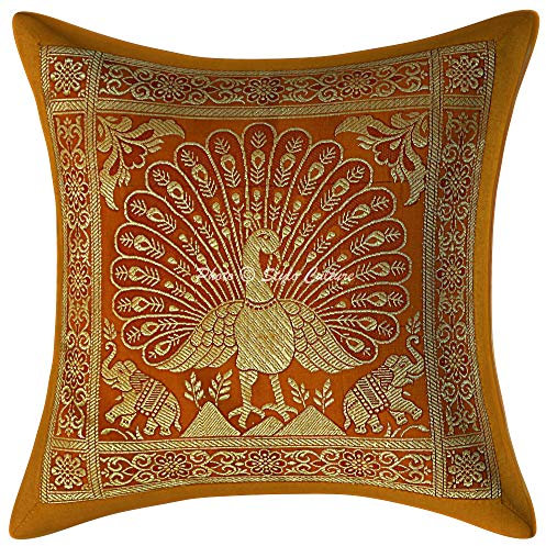 Stylo Culture Indisch Brokat Schlafzimmer Kissen 12x12 Inch Dekorativ Kissenbezuge Senfgelbgold Jacquard 30x30 cm Tanzen Pfau Traditionell Dekokissen Quadrat Kissenbezüge (1 Piece)