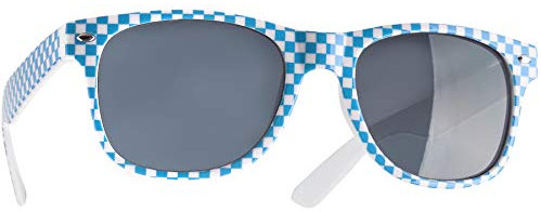 dressforfun retro Brille, Party Sonnenbrille, kariertes Gestell, für 90er Jahre Party, Oktoberfest, Ballermann Mottopartys, Fotobox Accessoires, Festival Gadget, JGA Zubehör - blau/weiß, 1 Stück