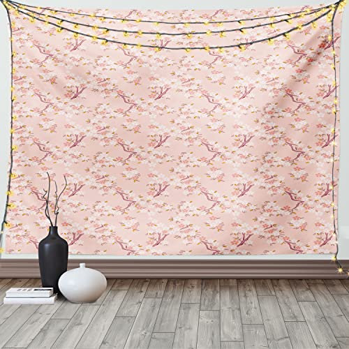 ABAKUHAUS Natur Wandteppich, Blühende Sakura Kirschbäume Zweige Japanisch Klassische Illustration, aus Weiches Mikrofaser Stoff Wand Dekoration Für Schlafzimmer, 150 x 110 cm, Pfirsich Weiß