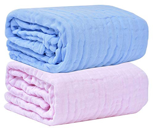 Chickw1 Baby Musselin Pucktücher Babydecke, 6 Lagen Baumwolle Badetuch Pucktüche Weich Vielseitig Decke Kuscheldecke Perfekt für Junge und Mädchen & Baby Kinderwagen (105x105cm,Blau + Pink)