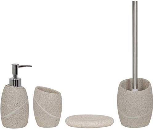 MSV Badezimmer Set, 4-teiliges Badzubehör aus Polyresin Malua Seifenspender, WC Bürste, Seifenschale und Zahnputzbecher Beige/Sand