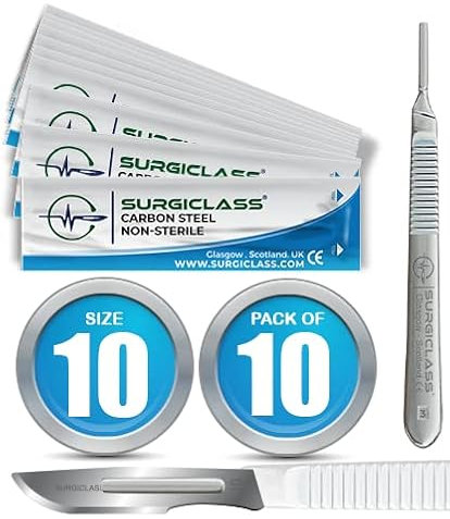 Scalpel Blades # 10 Carbon Steel Non Sterile Scalpel Surgical Blades Pack of 10 and Steel Handle for Wood Art, Surgical, Sculpting, Repairs, Lab Anatomy, Sign, Card Making Lab Training SURGIBL10-10