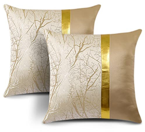 JOTOM Luxuriös Kissenbezug Edel Dekorative Gold Heißpräge Dekokissen Zierkissenbezug Weiche Sofakissen Kissenhülle für Couch Bett Sofa Stuhl Outdoor Haus Dekor 45x45cm 2er (Beige)