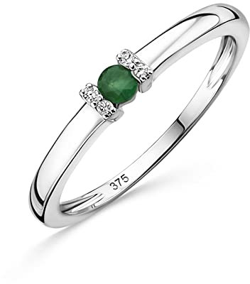 OROVI Schmuck Damen 0.02 Ct Diamant Verlobungsring Weißgold mit Edelstein/Geburtsstein natürlicher runder grüner Smaragd und 4 Diamanten Brillanten Ring aus 9 Karat (375) Gold