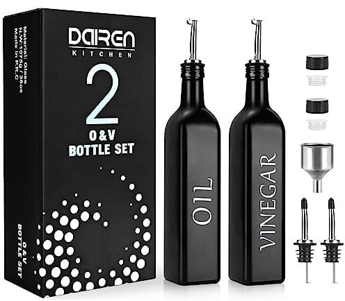Lot de 2 distributeurs d'huile et de vinaigre, distributeur d'huile d'olive noir et blanc avec support et bec verseur en acier inoxydable, 500 ml, mignon et vintage en verre pour cuisine de ferme
