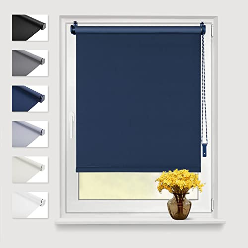 Eurohome Blackout Roller Blind, Thermal Roller Blind, 45 x 130 cm (Fabric Width 41 cm), Dark Blue, Klemmfix, No Drilling Required, with Same Colour Coating, Side Pull Blind, Oeko-Tex Standard 100