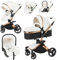Magic ZC 360° Drehbarer PU-Leder Kinderwagen 3 in 1, Kombikinderwagen 3 in 1 Komplettset mit Umkehrbarem Zwei-Wege-Schub, Buggy mit Zubehör, Faltbarem Tragbarem One-Click-Design (906 White)