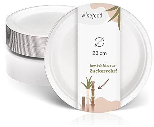 Wisefood Lot de 50 assiettes en forme de canne à sucre jetables Bagasse rondes blanches Ø 23 cm – assiettes de fête ou assiettes dîners – Vaisselle en canne à sucre biodégradable sans PLA/PE