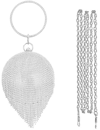CORIOS Abendtasche Damen Runde Kugel Quaste Diamant Clutch Bag Schultertasche Klein Tasche Abnehmbarer Kette Handtasche Umhängetasche für Hochzeit Abendparty Tanzparty Geburtstag Bankett Silber