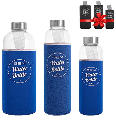 BEM Water Bottle-Set: Trinkflaschen in 3 Größen mit Hüllen-Sets (schwarz+blau)