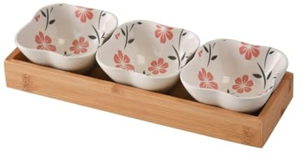 Keramik Servierschalen Set 3er Dip Schälchen mit Bambus Servierplatte, Ideal für Tapas, Antipasti, Sushi,Raclette oder Fondue (GB6003)