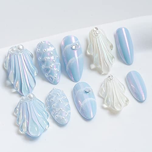 Sun&Beam Nails Handmade Press-on Medium Long Amlond Blue Sweet Pearl Rhinestone Design Fashion False Nail Tips 10 Pcs Set (#028 S)