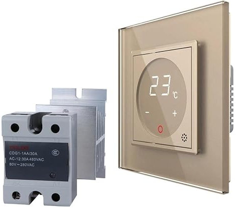 LIVOLO Digitales Touch Raumthermostat inkl. Glasrahmen mit Elektronischem Lastrelais für Fußboden/Elektroheizung mit Stellmotoren VL-C7-PS72-XQ002-13-VL-C7-SR-13 Gold Fuß Boden Heizung