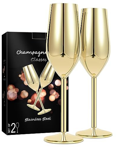IRONABLE Sektgläser Edelstahl,2er-Pack,Einzigartiges Geschenk für Geburtstage,Hochzeiten,Partys,Jubiläen,Anti-Fall,BPA-frei,Weinglas aus Edelstahl,210 ml (Gold)