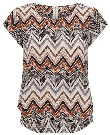 ONLY Damen Einfarbige Kurzarm Bluse Basic Rundhals Ausschnitt Blusen T-Shirt Blouse Oberteil ONLVIC, 15161116,Cloud Dancer/AOP:Arabian Zigzag,38