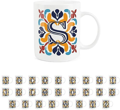 Purely Home Moroccan Tile Red & Navy Blue Letter S Mug - White Initial Personalised Alphabet Tea Coffee Bone China Mug