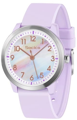 SOCICO Kinderuhr Analog, 5ATM/50M Wasserdicht Armbanduhr Kinder Mädchen Jungen Teenager, Leicht Lesbar Kinder Quartz Minimalistisch Uhren für 9-18 Jahre (Regenbogenlila)