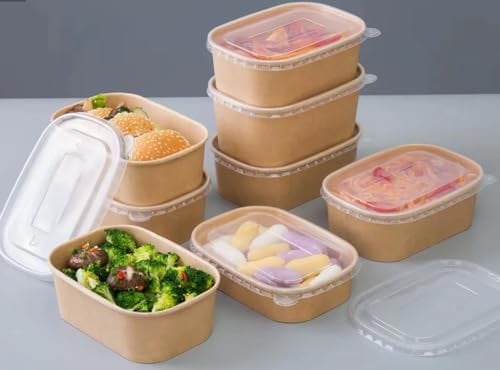 HOT BARGAINS 650ml Kraft Paper Food Containers With Reusable Plastic Lids, Rectangular Takeaway Boxes for Restaurant Use, Pack of 50