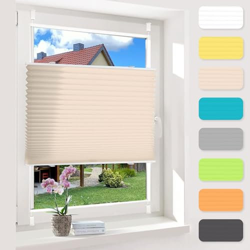 OUBO Plissee ohne Bohren Beige 120x160cm Plissee Klemmfix Version Plisseerollo Sichtschutz und Sonnenschutz Blickdicht Easyfix lichtdurchlässig Rollo für Fenster & Tür Einfache Montage