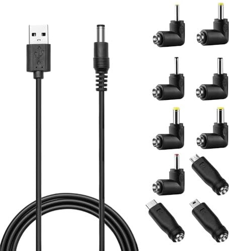 Imoumou Universal USB zu DC 5.5x2.1mm Stecker-Ladekabel mit 10-Anschlüssen für Router, Mini-Ventilator, Lautsprecher, Kamera, Smart Phone Mini USB, USB C Netzteil 3.0x1.1, 2.5x0.7 Type-C (1M, DC10+1)